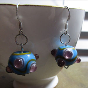 275 Blue, gold & purple blown glass earrings handmade